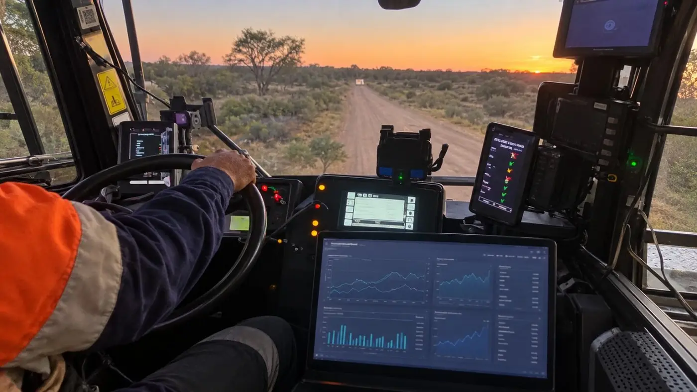 Operator in a mining vehicle cab with live analytics on the in-cab display